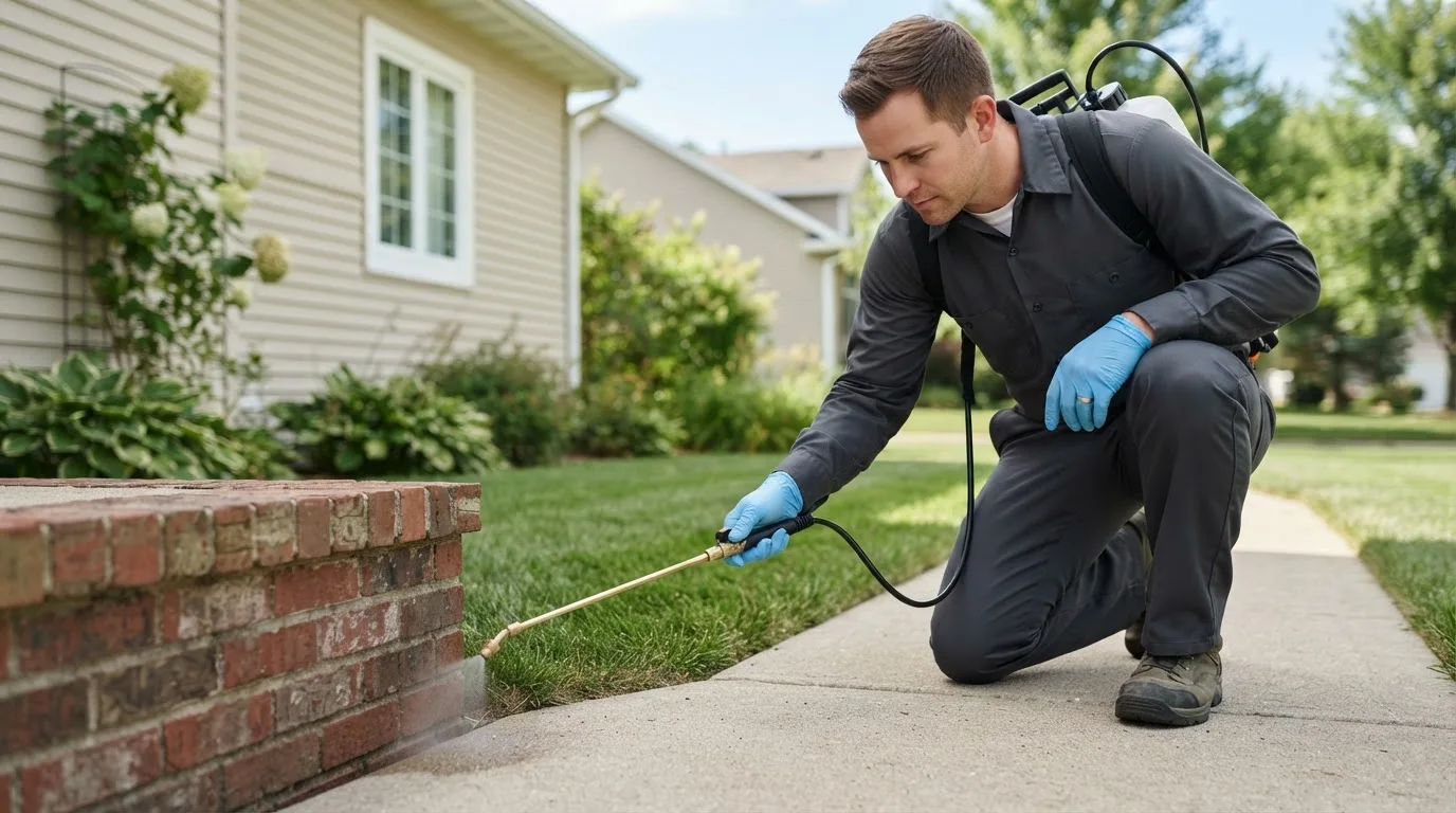 Pest control technician treating a home near Conroe, TX