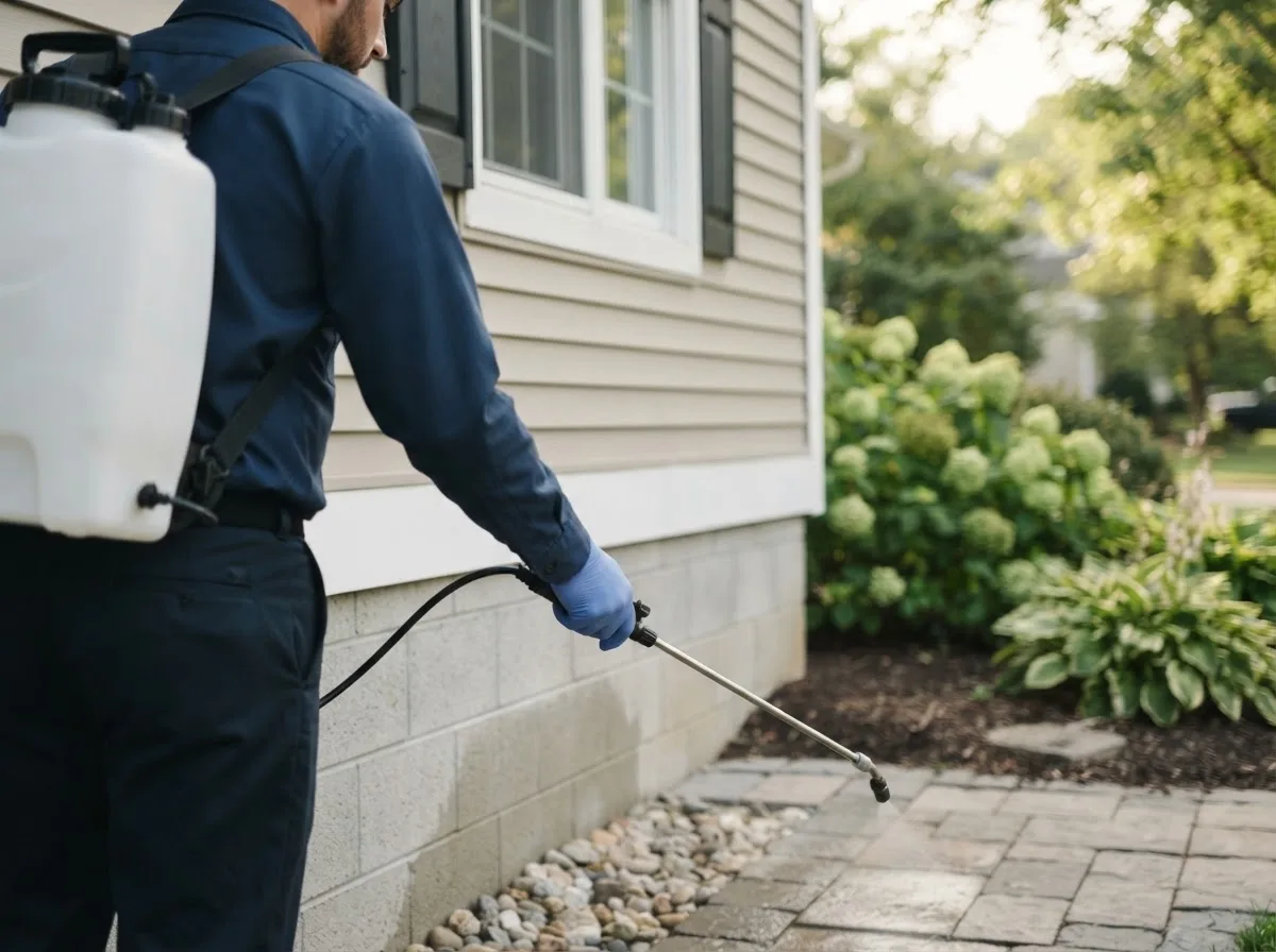 Pest control technician inspecting a home in Conroe, TX